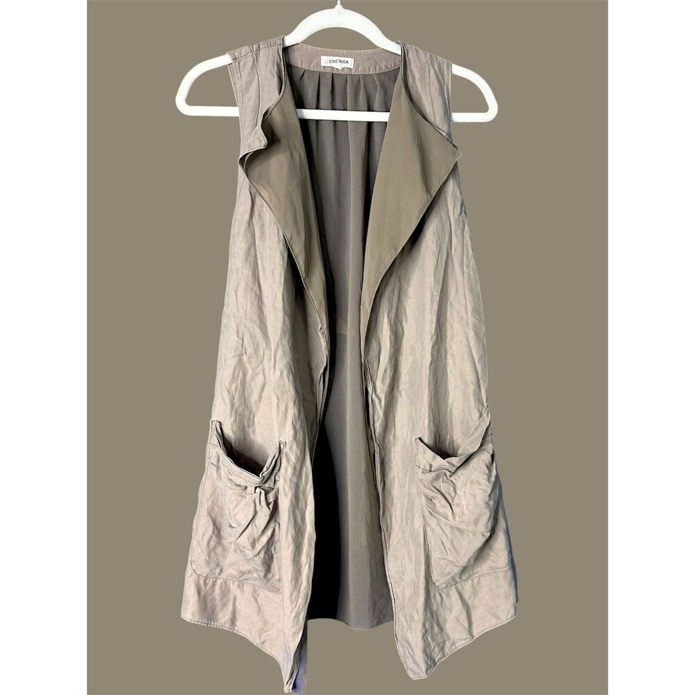 Womens Tan Silk Sleeveless Draped Cardigan Sz S Lagenlook Elevated Basic Safari